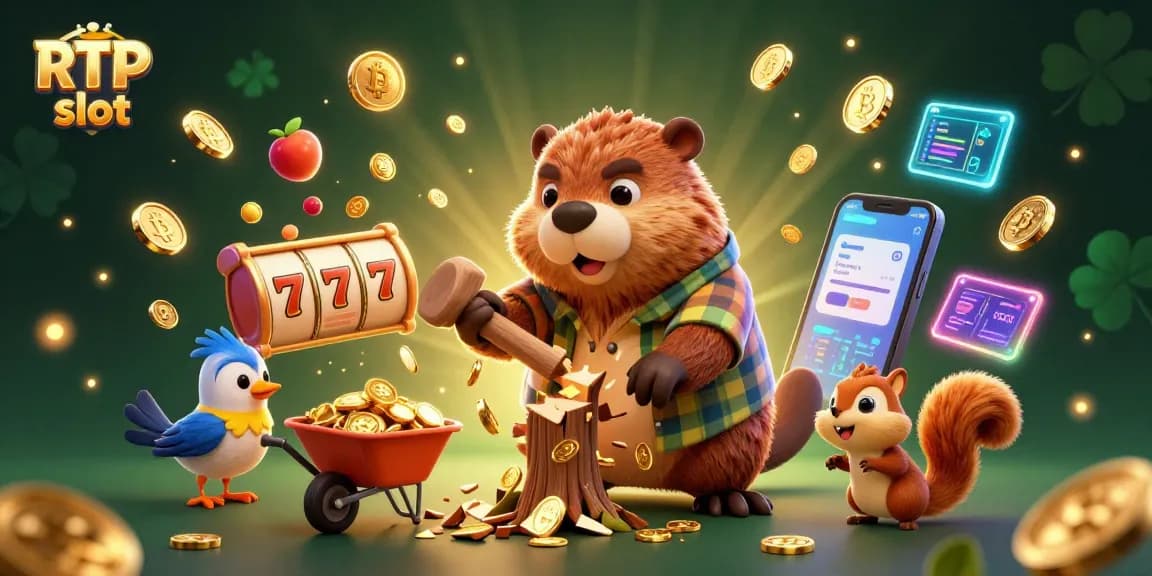 Experience thrilling RTP slot adventures with a playful lumberjack beaver surrounded by golden coins and casino symbols.