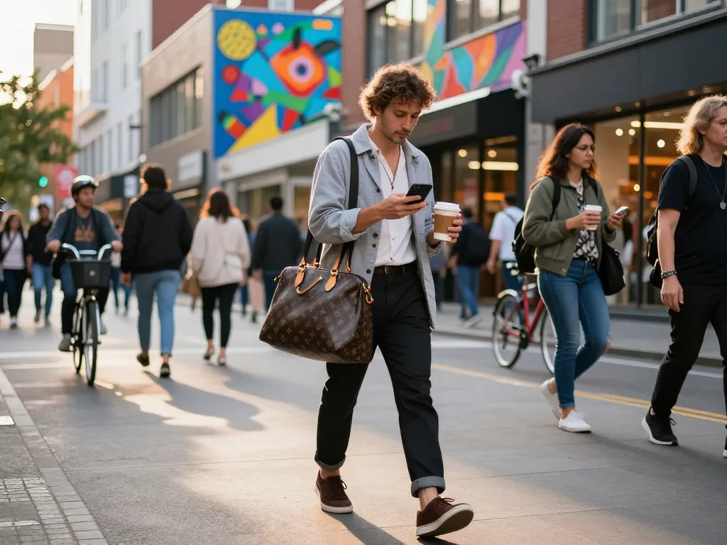 Fashionable individual showcasing a trendy 레플리카 handbag in a vibrant urban setting.