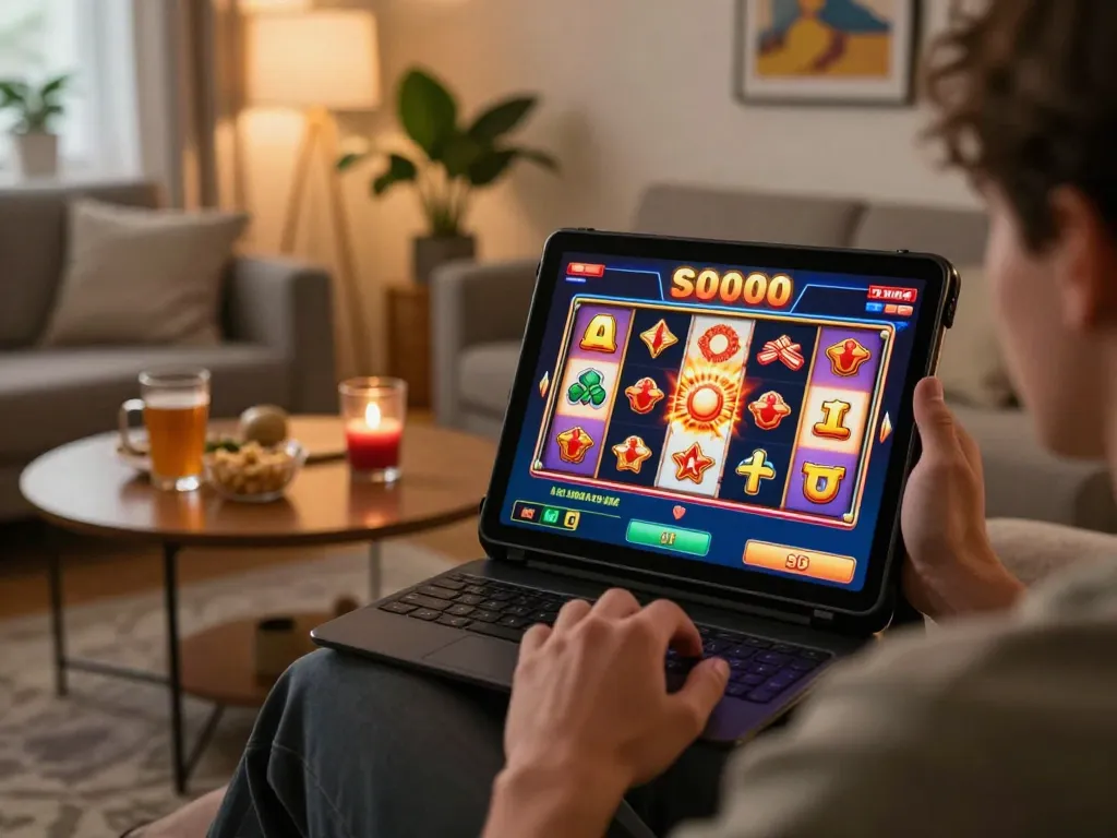 SLOT6000 player celebrating a win on their tablet in a cozy home gaming setup, showcasing online slot action.