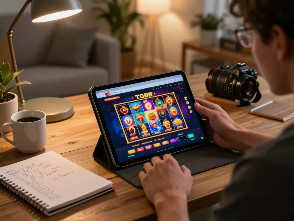 Gamer engaging with TG88 casino platform on tablet, showcasing responsible gaming setup in a cozy living environment.