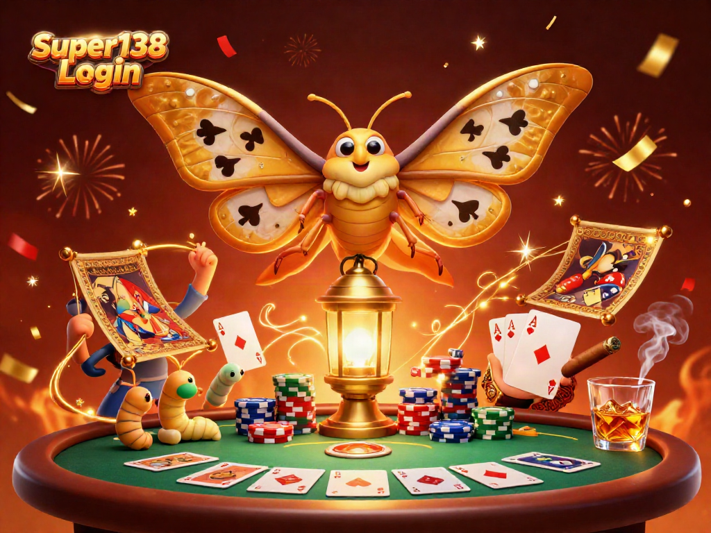 Engage with Super138 Login through an intricate casino scene featuring a colorful atlas moth.