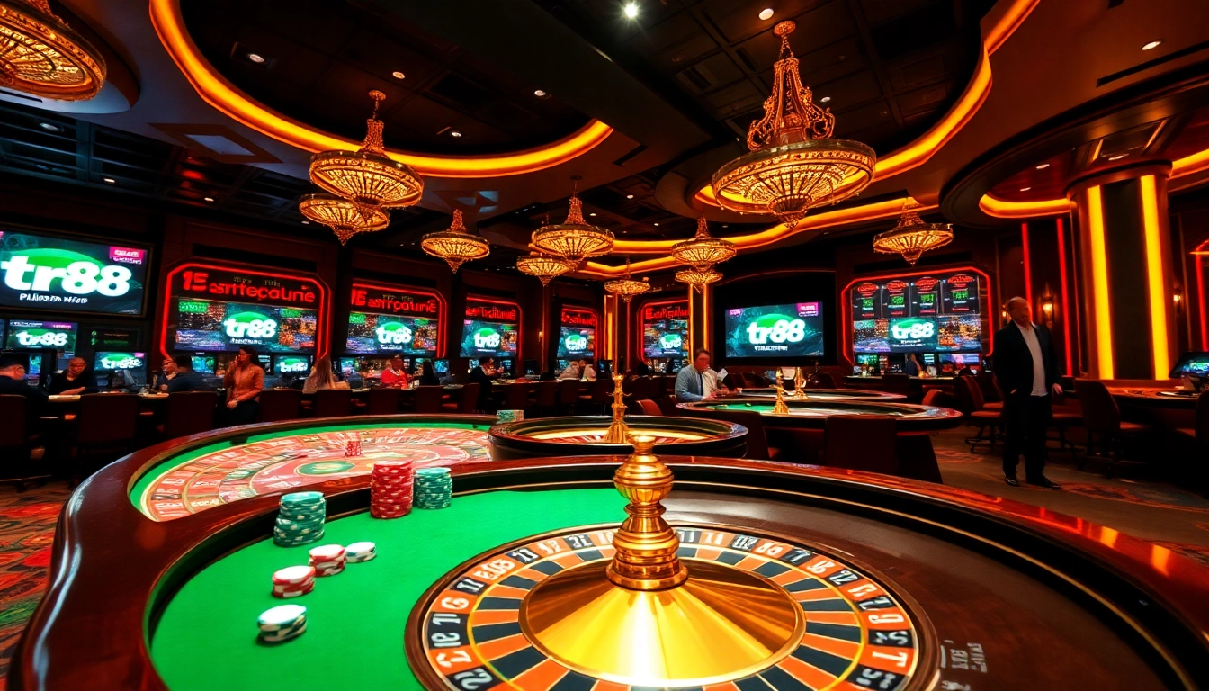 Action-packed gaming scene showcasing tr88 thrilling casino tables and gambling excitement.