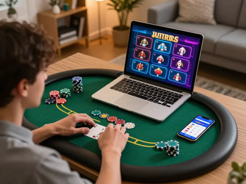 Engaging in online gaming at 888now đăng nhập during a cozy home session, showing a laptop and poker game interface.