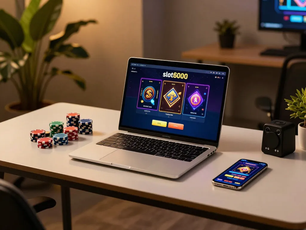 Player engaging with slot6000 interface on modern laptop, showcasing vibrant online gambling atmosphere.