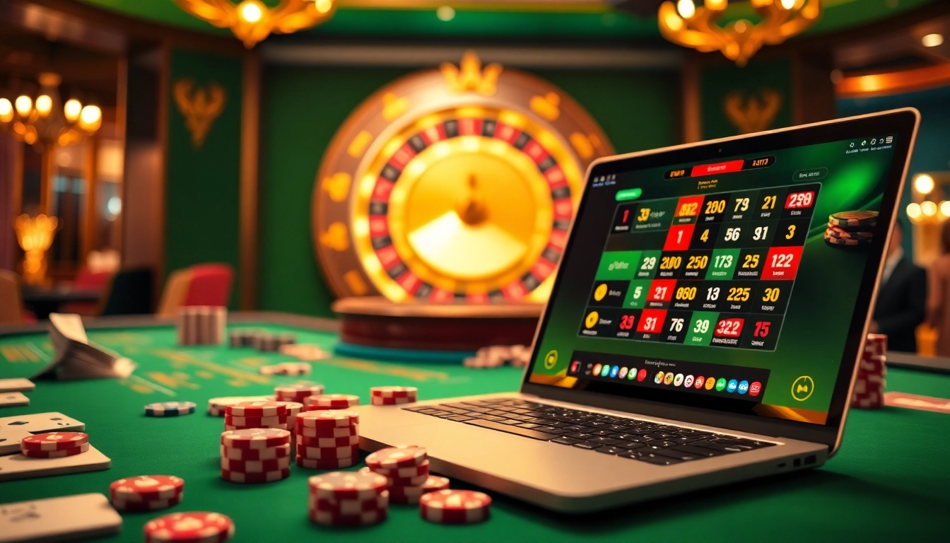 Engage in thrilling games at nhà cái thabet with luxurious casino tables and vibrant playing cards.
