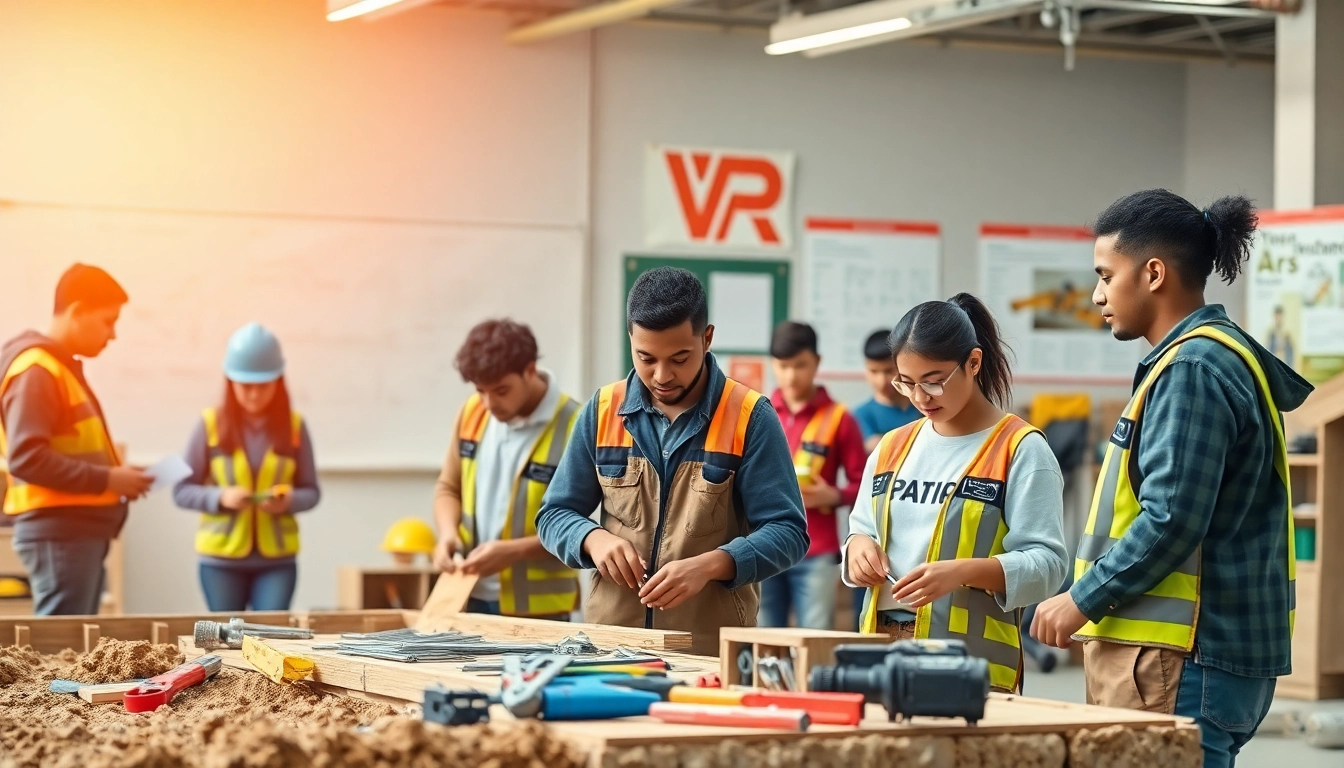Group of students engaging in construction education training at a mock construction site.