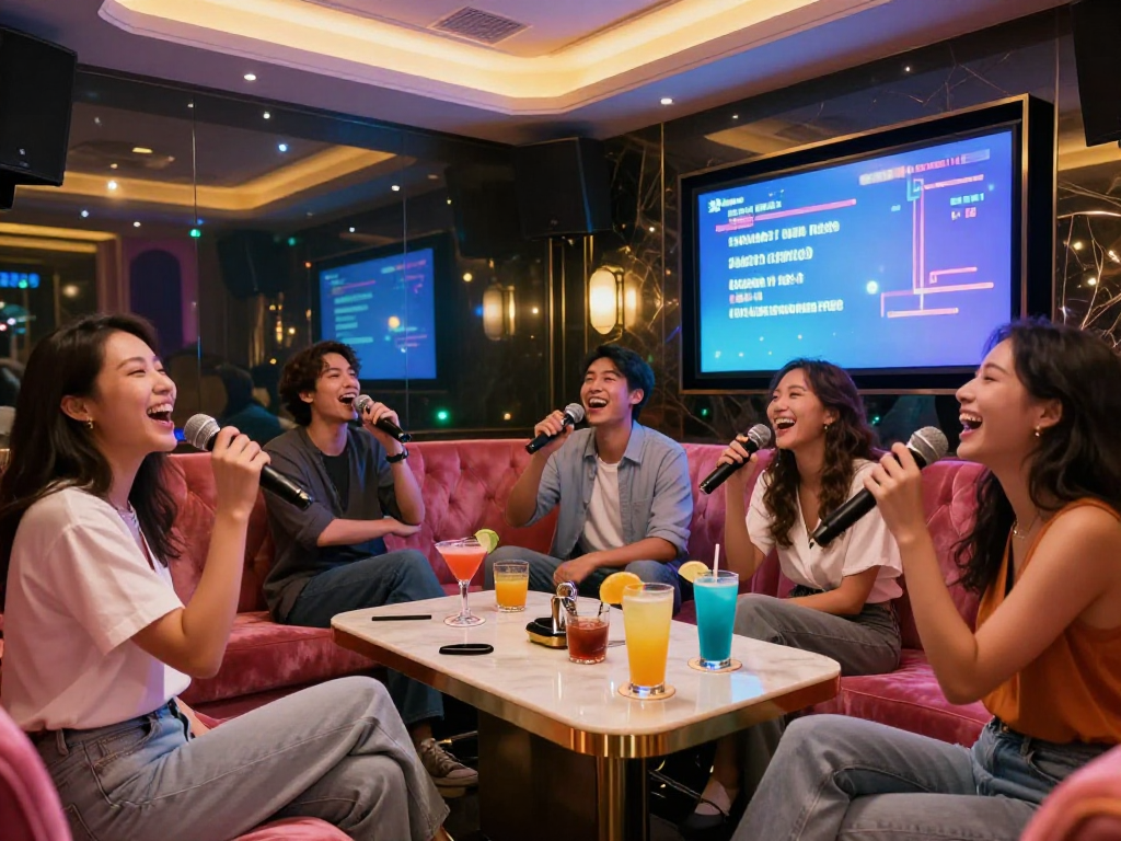 도파민 가라오케에서 친구들과 함께 즐기는 화려한 노래방 모습