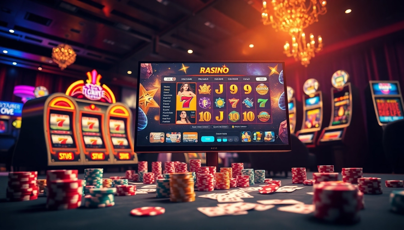 Atmosphère de casino en ligne excitante avec des machines à sous vibrantes et des éléments de poker.