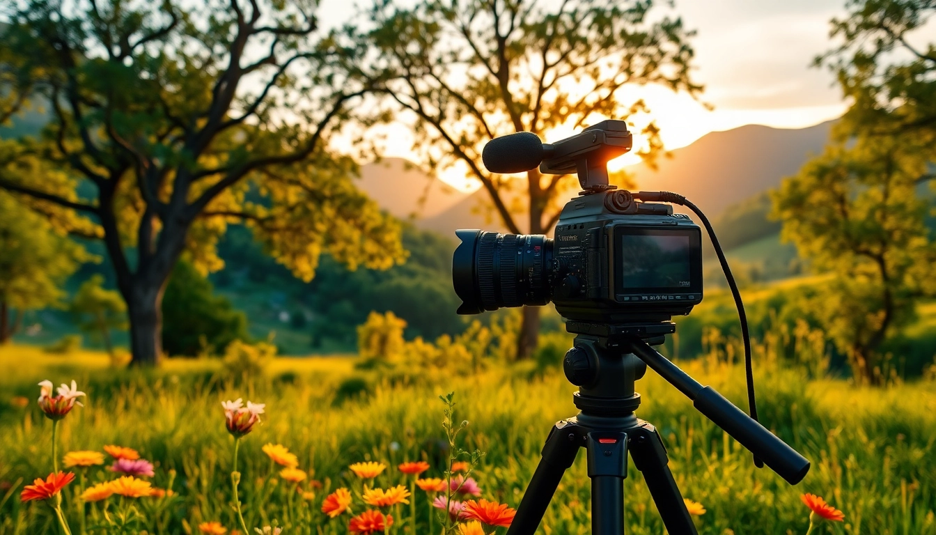 Engaging Cinematic video production scene featuring a professional cinematographer in action, set against a stunning landscape.