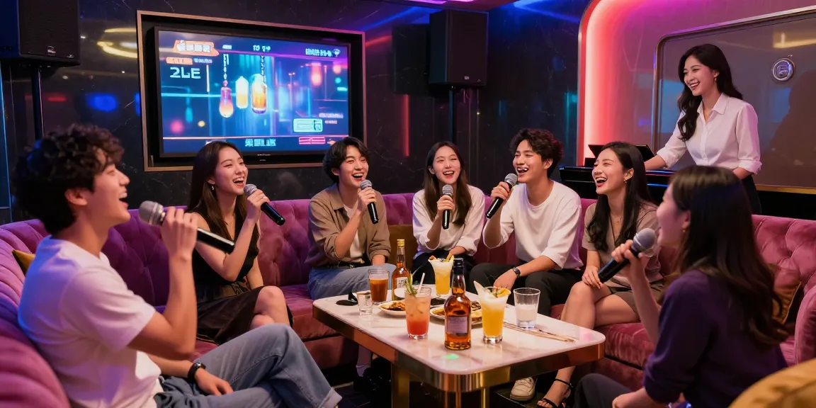 강남가라오케에서 친구들과 함께 노래하며 즐거운 시간을 보내는 모습
