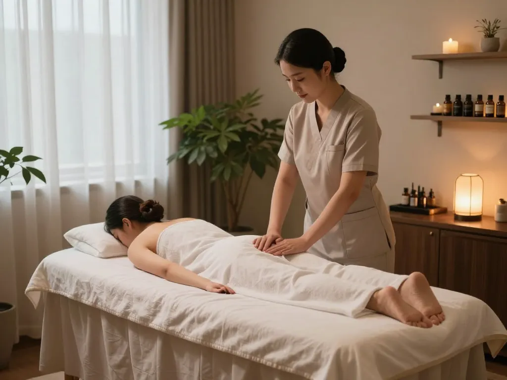 Relaxing 삼성동마사지 therapy room with professional therapist preparing for a calming experience