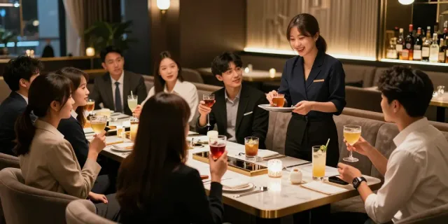 강남구구단에서 소중한 사람들과 함께 즐기는 모습, 고급스러운 분위기가 느껴집니다.