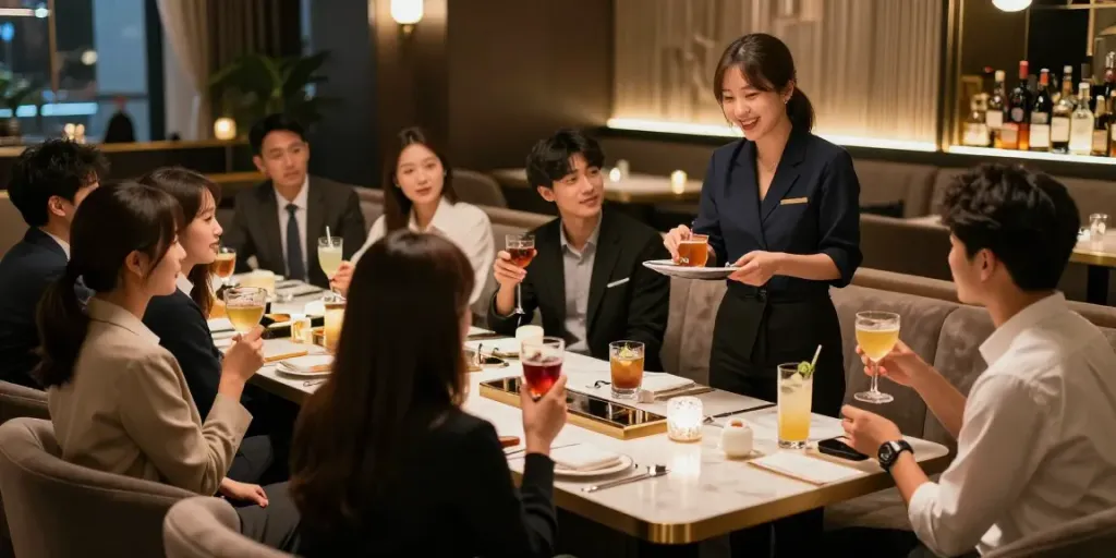강남구구단에서 소중한 사람들과 함께 즐기는 모습, 고급스러운 분위기가 느껴집니다.