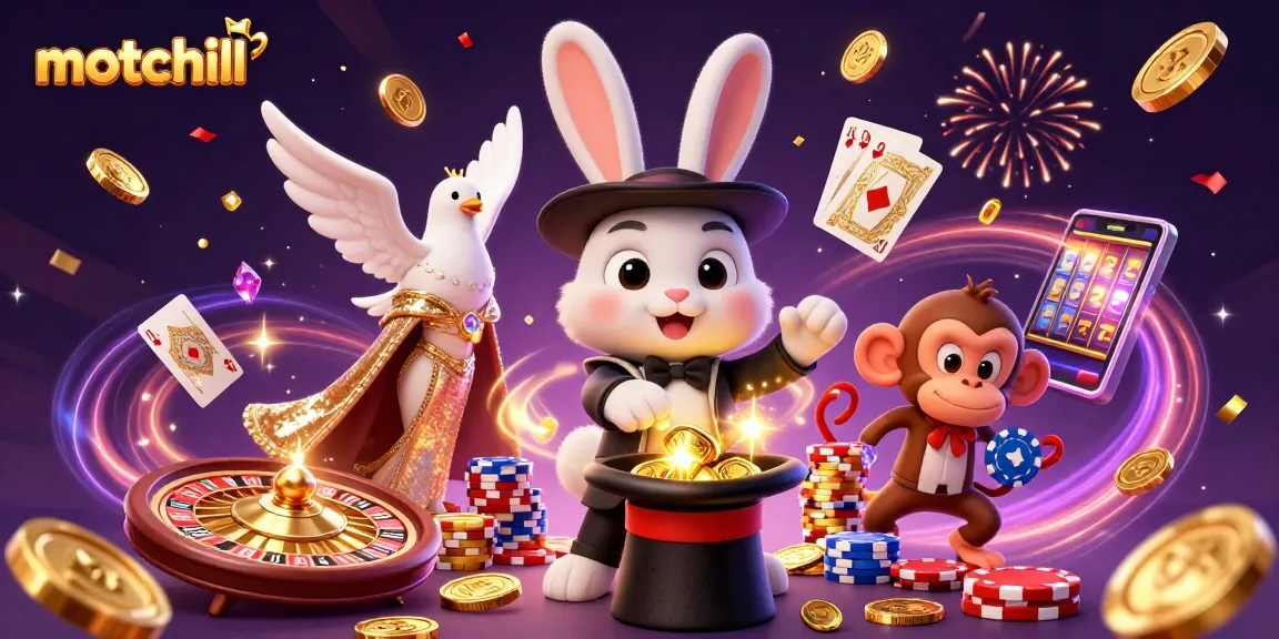 Engage with motchill's thrilling gambling scene featuring a magician, a dove, and a monkey in a vibrant casino.