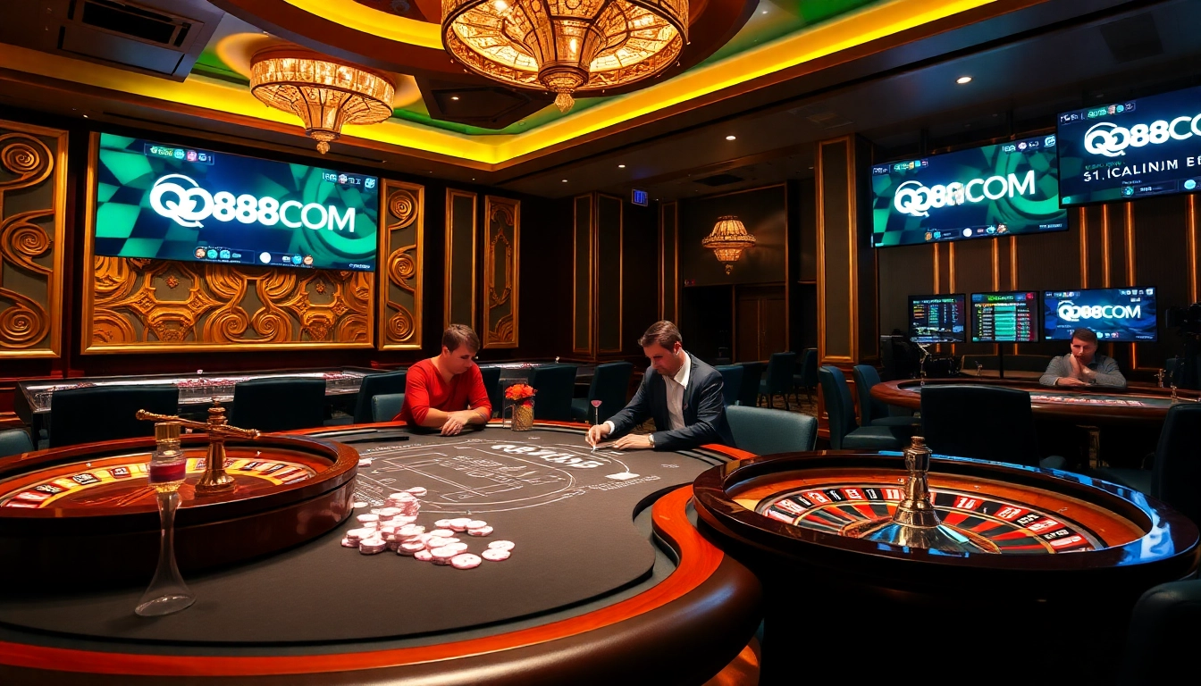 High-stakes poker players at QQ88COM's luxurious casino table, with vibrant chips and cards.