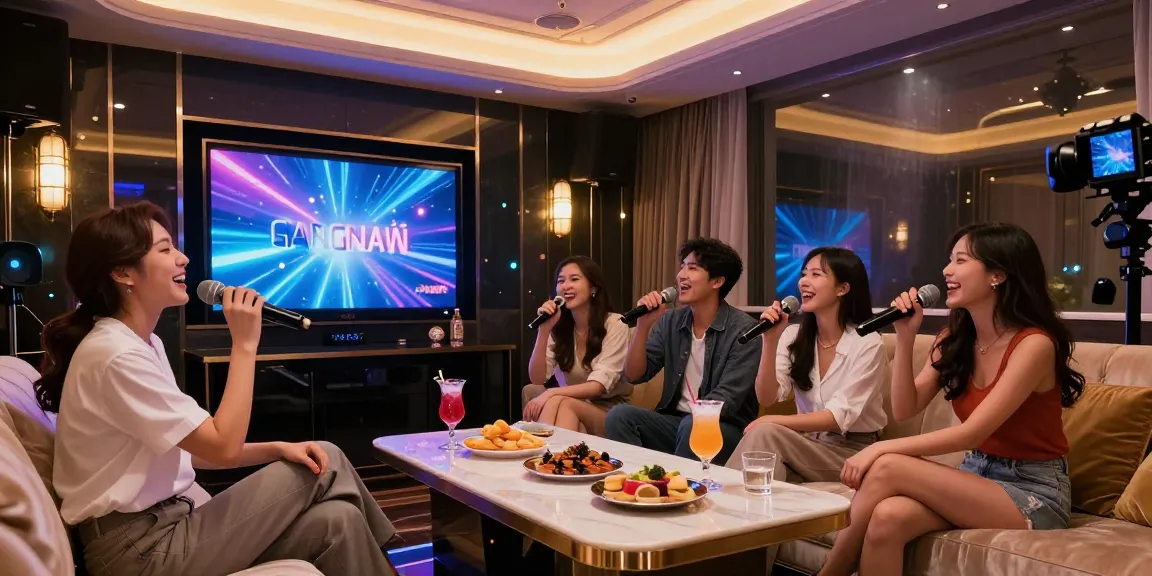 강남 가라오케에서 즐거운 시간을 보내는 모습, 고급스러운 인테리어와 조명이 강조됨