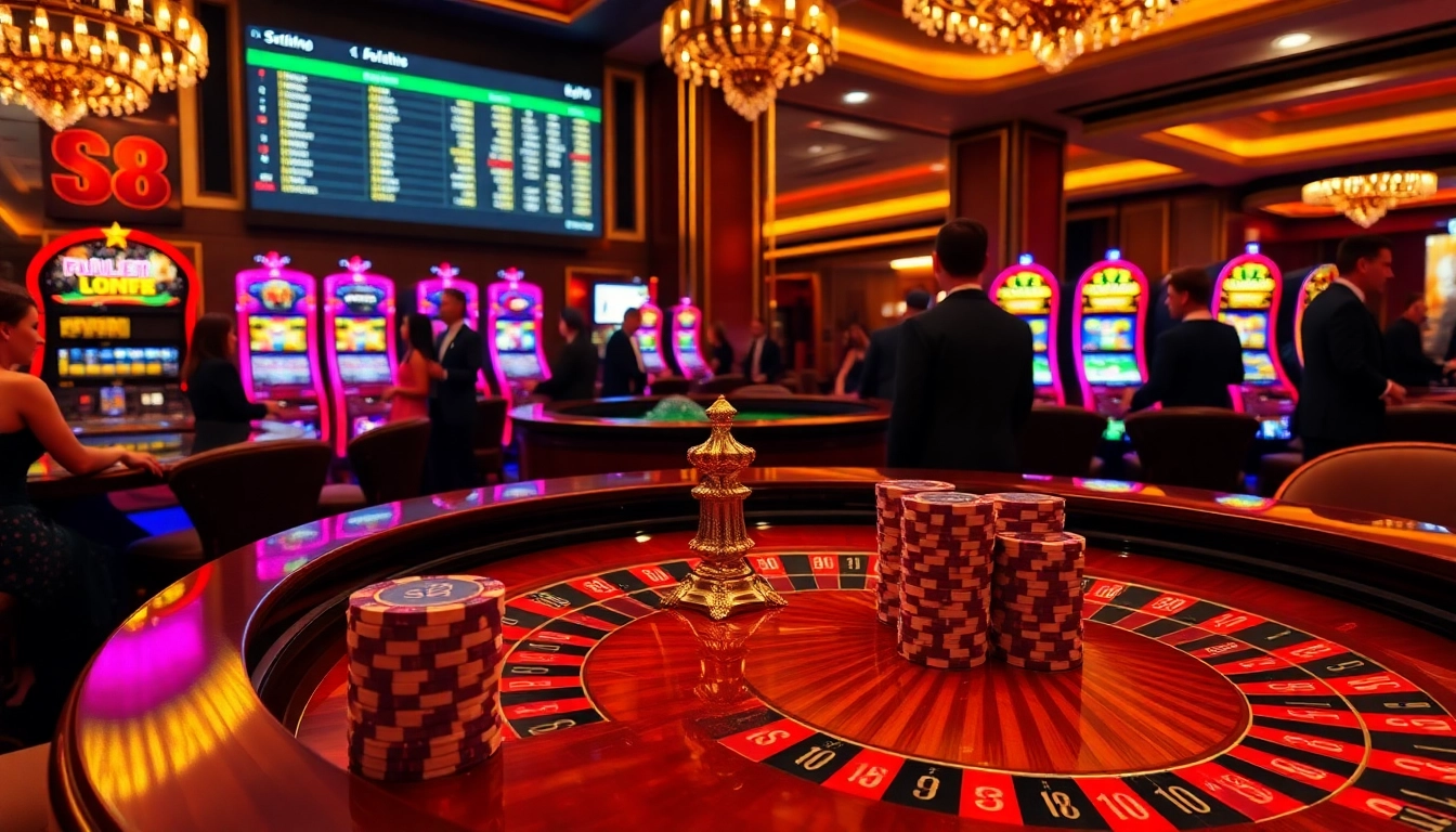 S8 branded poker chips stacked next to an elegant roulette table in a luxurious casino setting.