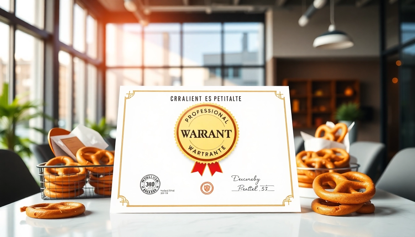 Why choose Pretzel warranty certificate displayed prominently with various pretzel varieties in a bright office.