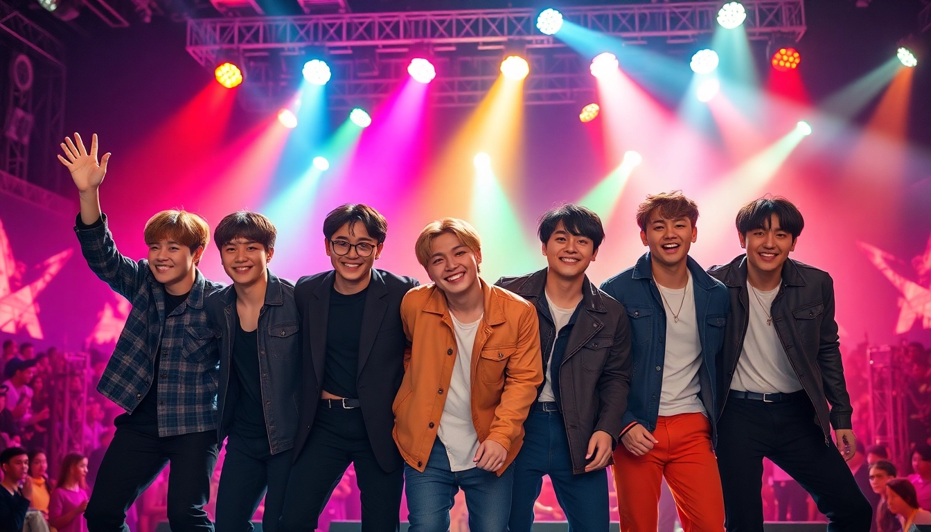 BTS members performing energetically on stage with colorful lights and an enthusiastic audience.