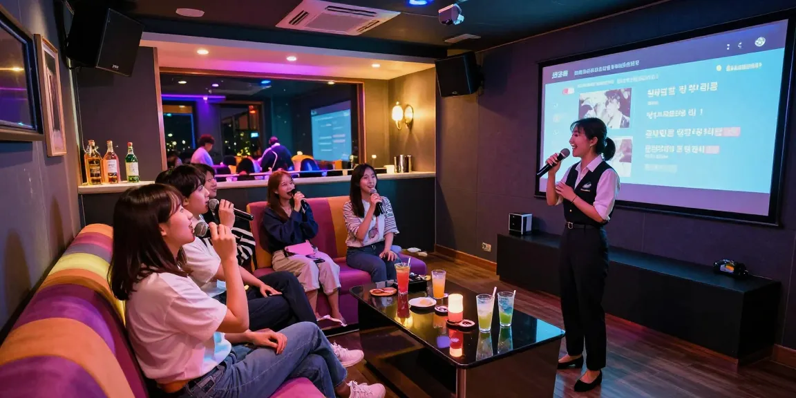 인천쓰리노에서 친구들과 노래를 부르며 즐거운 시간을 보내는 모습과 화려한 조명, 현대적인 인테리어가 어우러진 프라이빗 룸