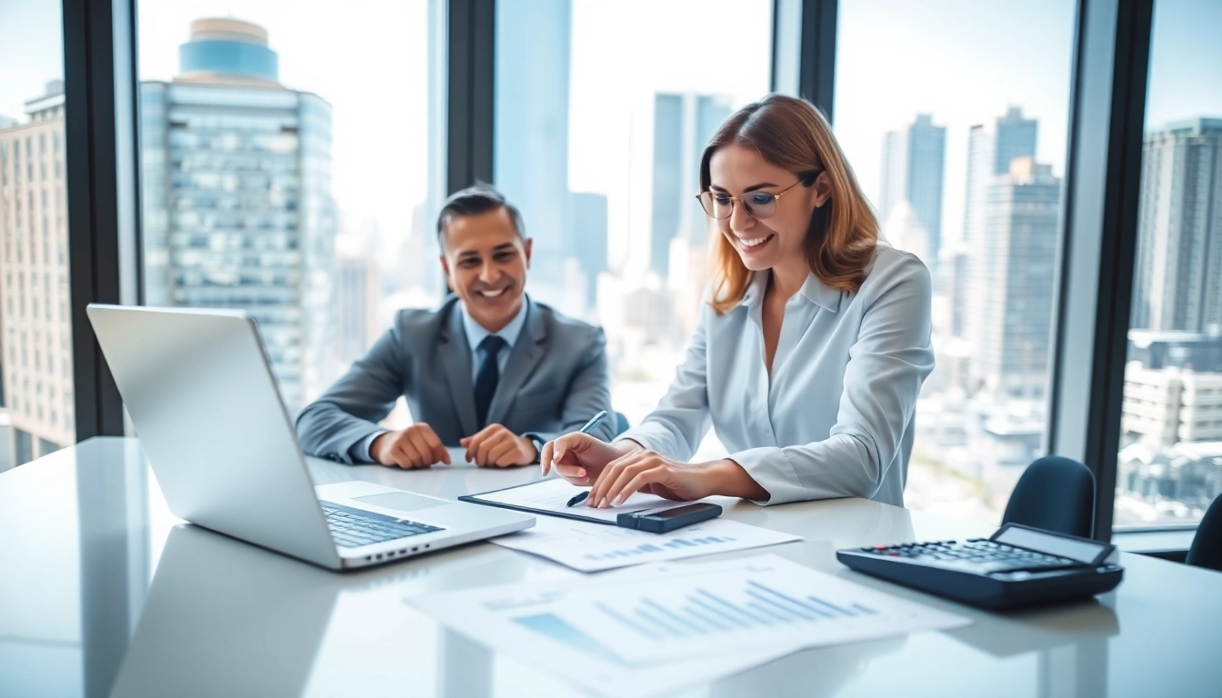 Discussing financing options with clients in a modern office setting.