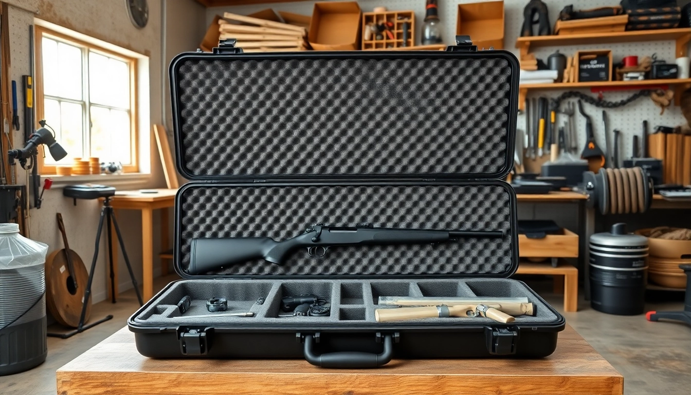 Showcasing foam for rifle case with custom compartments in a workshop, emphasizing precision and craftsmanship.