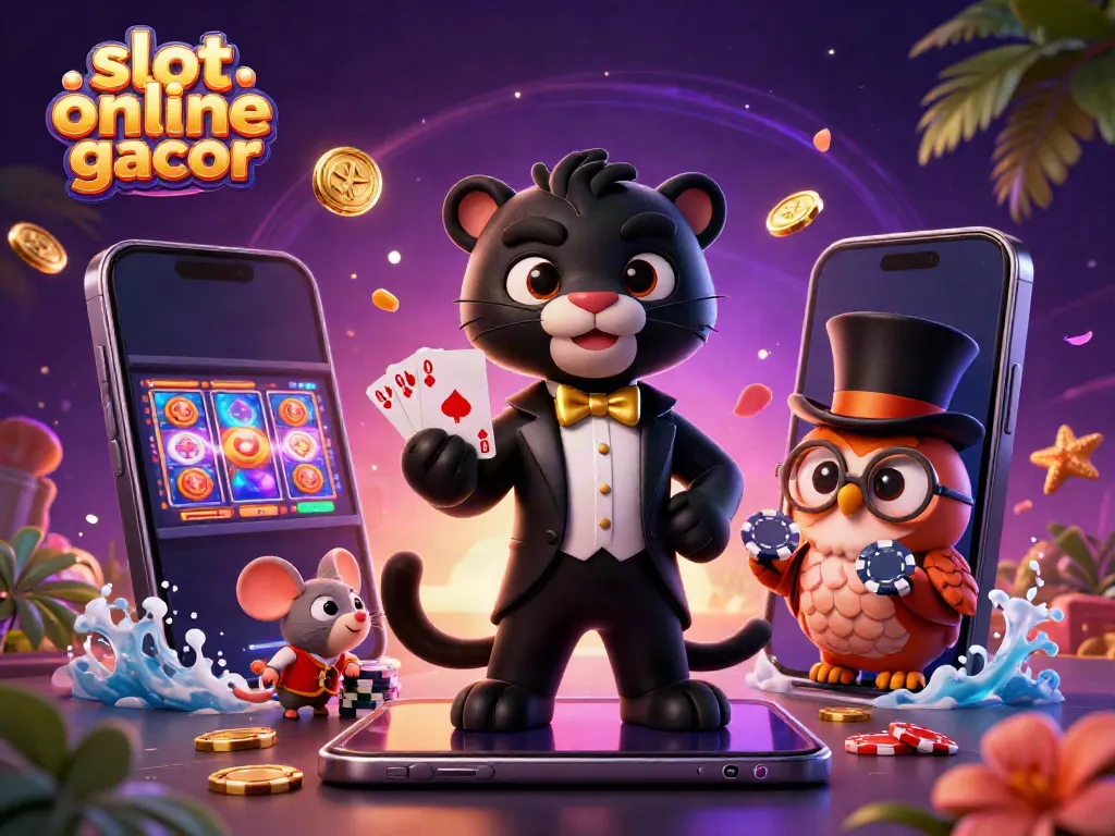 Experience excitement at slot online gacor with animated characters and casino elements featuring vibrant colors.