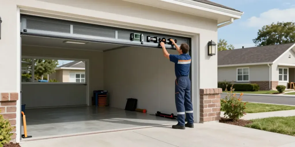 Expert technician performing steel-line garage door repair in Maylands, showcasing tools and parts