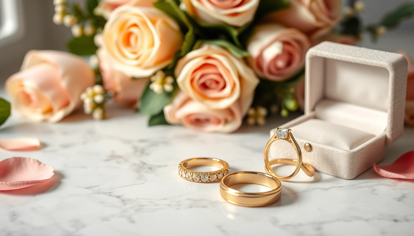 Stunning wedding rings placed artistically on marble, symbolizing love and elegance.