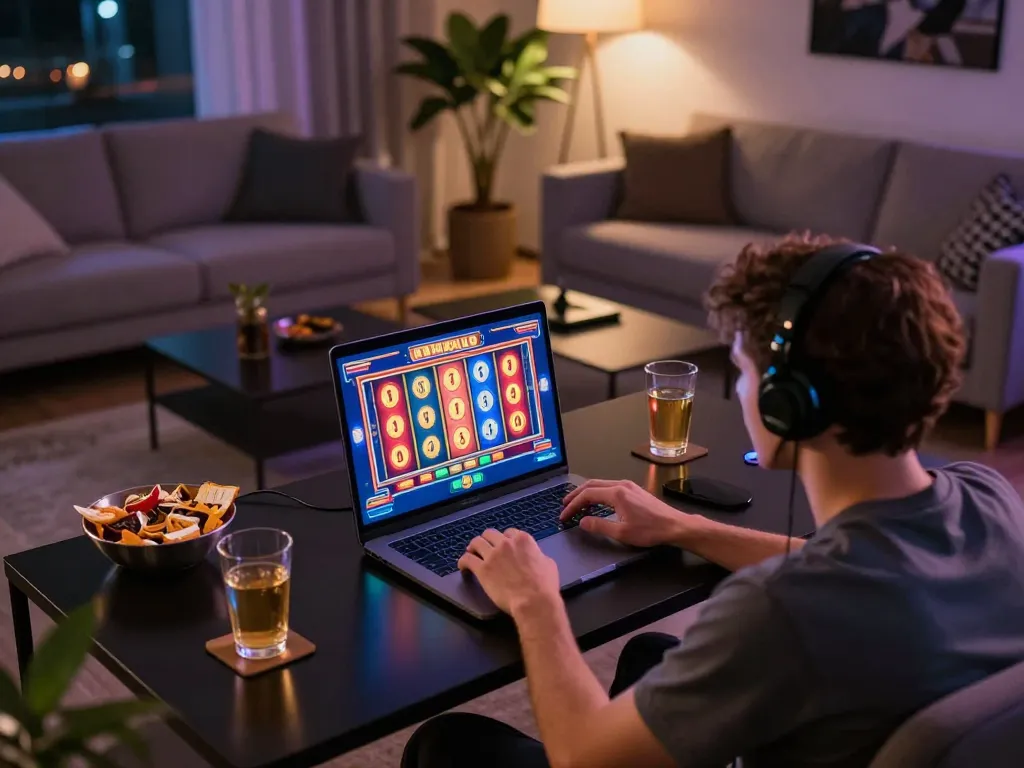 JPTOTO players engaging with exciting online slot games in a cozy home setting