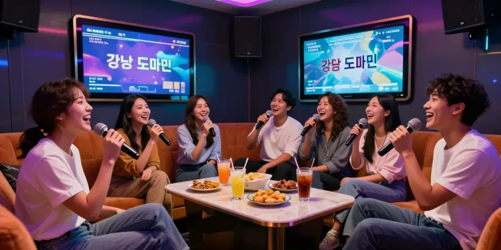 강남 도파민에서 친구들이 함께 노래하며 즐거운 시간을 보내고 있는 모습, 현대적인 음향 시설과 아늑한 조명이 어우러진 분위기