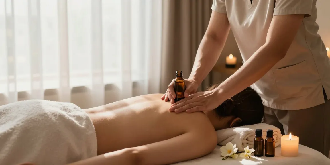 부산마사지 샵에서 편안한 마사지 받는 모습과 아로마 오일, 촛불, 생화가 어우러진 아늑한 분위기