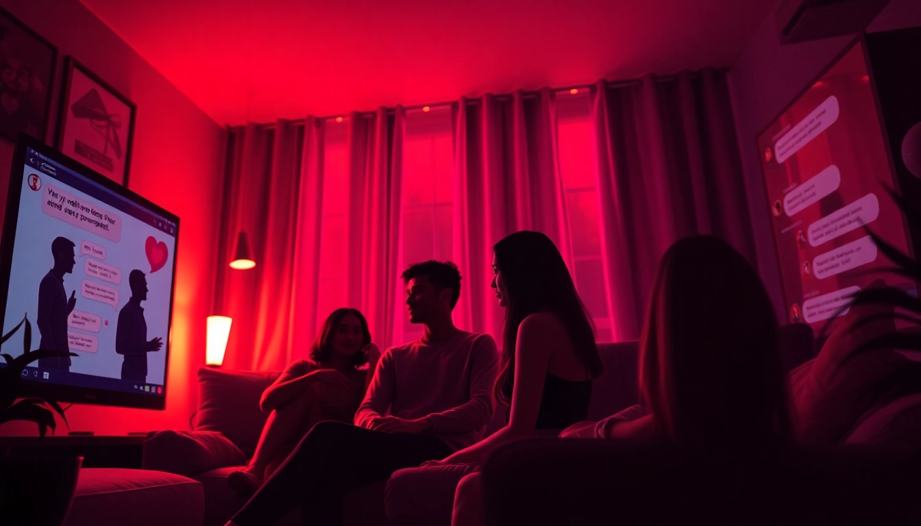 Inviting online sex chat environment with cozy lighting and diverse individuals connecting.