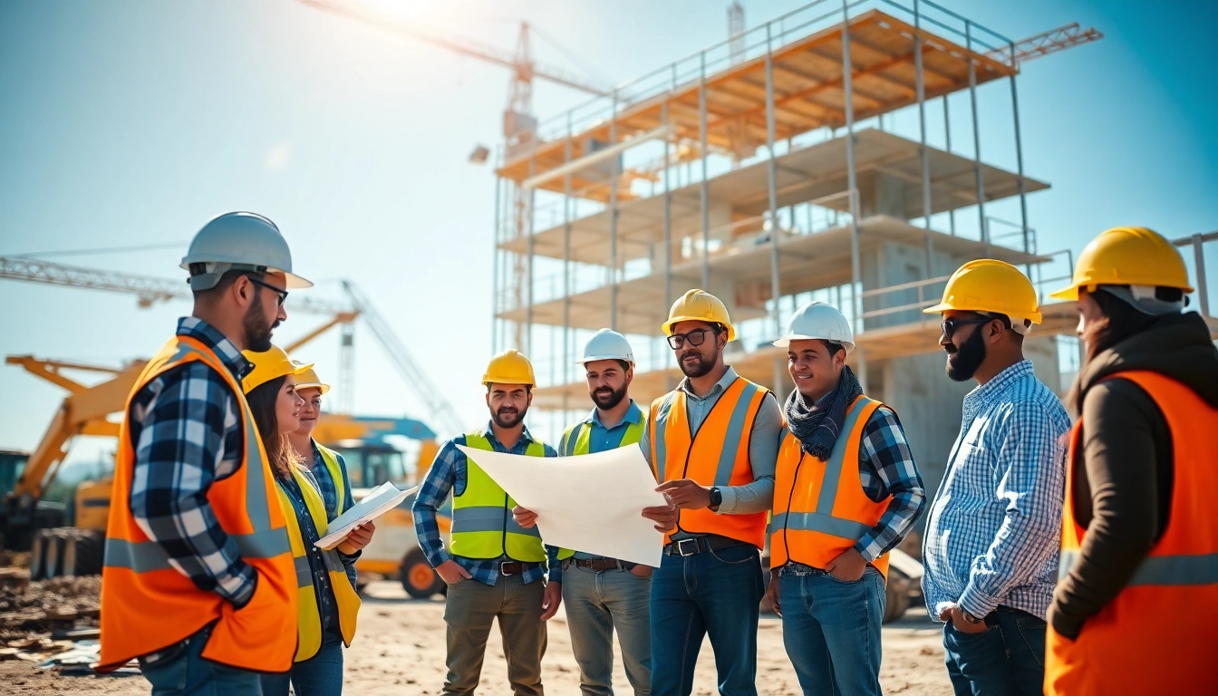 Engaged construction association members collaborating on-site, emphasizing teamwork and industry progress.