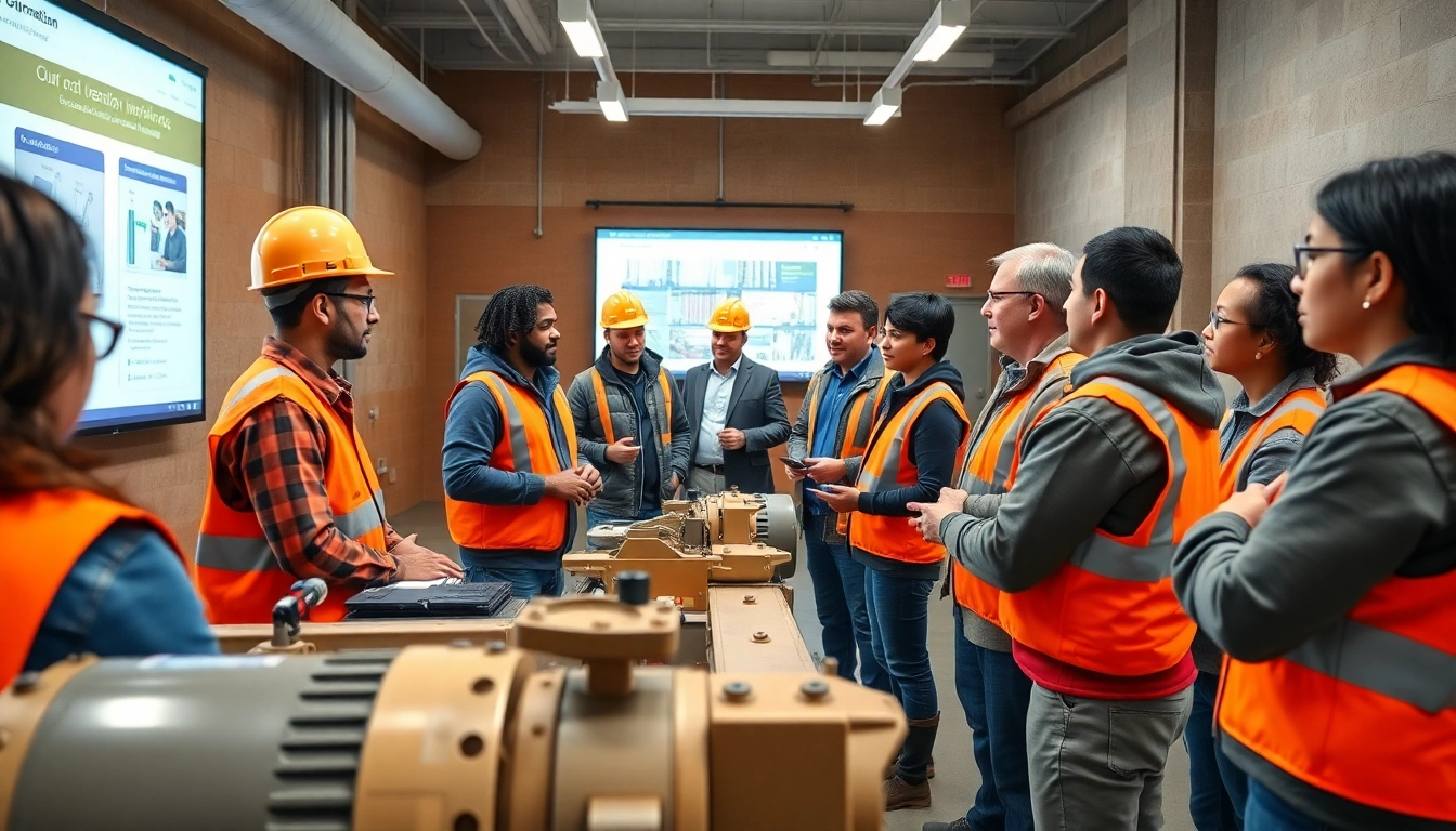 Engaging construction workforce training session showcasing diverse learners in a modern facility.
