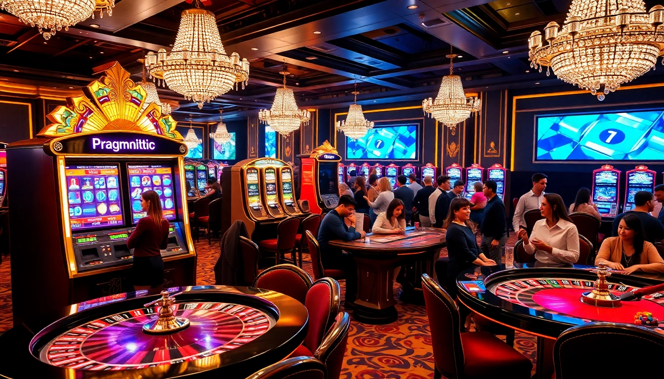 Gamblers enjoying a vibrant pragmatic slot machine in an upscale casino atmosphere.