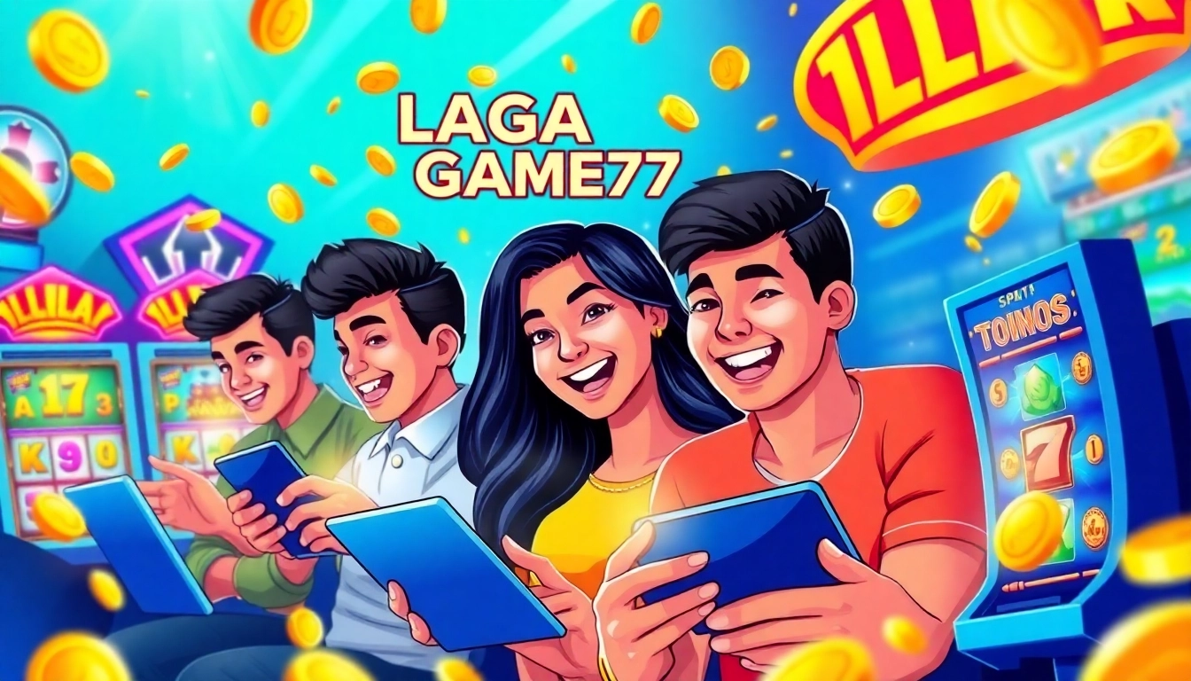 LAGAGAME77 online gaming scene featuring joyful players immersed in exciting slot games.