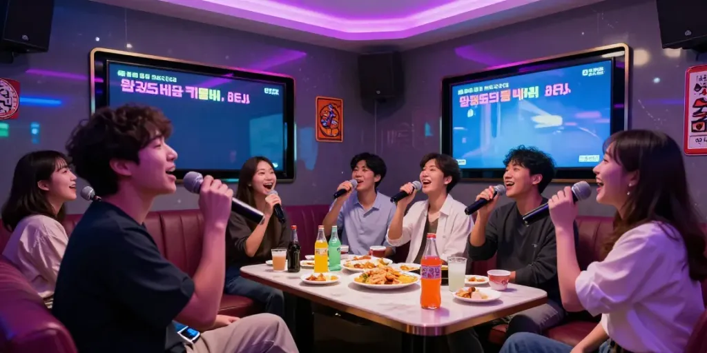 강남도파민 가라오케에서 즐거운 시간을 보내는 친구들, 화려한 조명과 함께 노래를 부르고 있는 모습