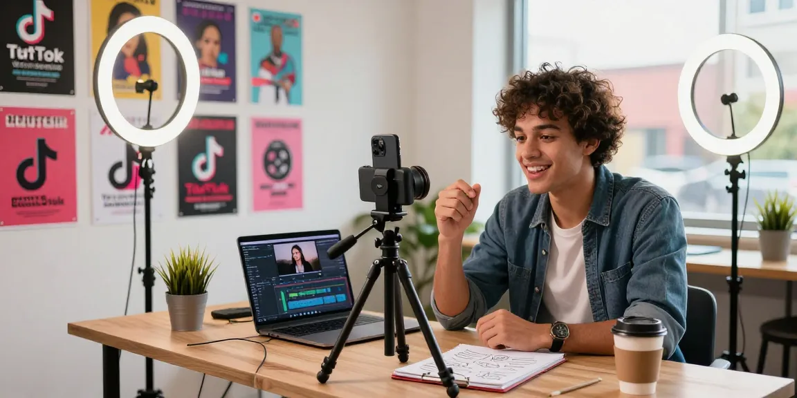 Youthful influencer demonstrating how to become TikTok famous in a vibrant workspace with engaging content setup.