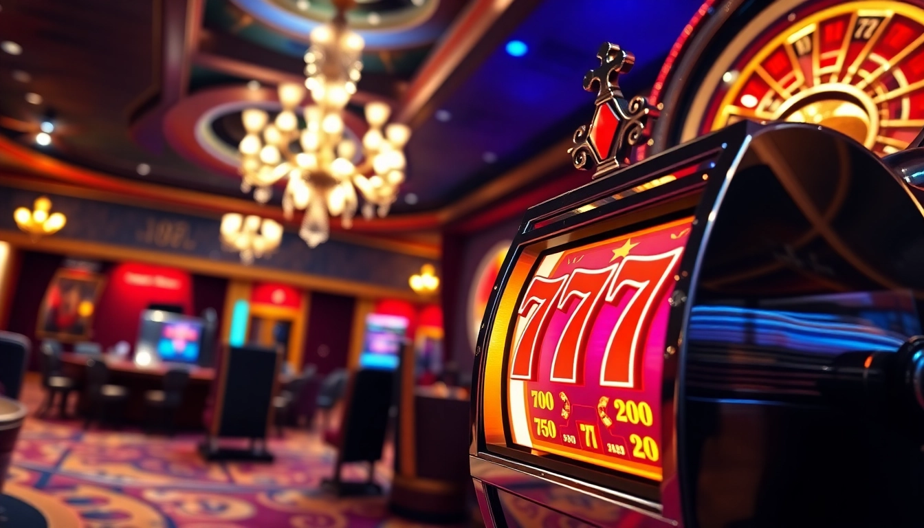 Engaging scene of slot 777 machine at a luxurious casino, highlighting vibrant gameplay and ambiance.