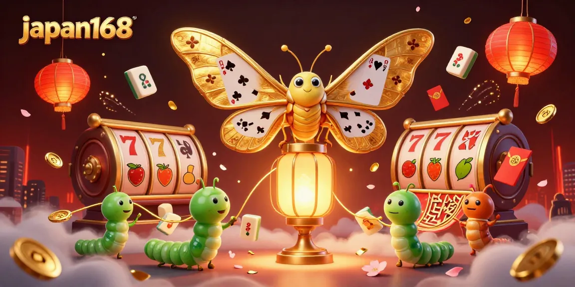 Play exciting games at japan168 with a vibrant 3D illustration showcasing casino elements.