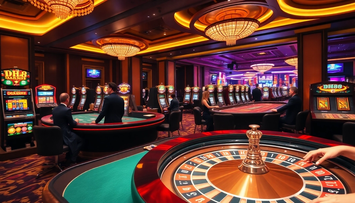 Players enjoying thrilling games at the DH88 luxury casino featuring roulette and slot machines.