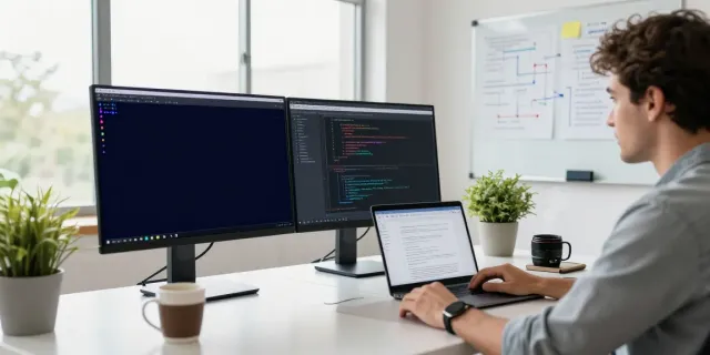 Developer coding in Notepad++ at a modern office desk with dual monitors, coffee mug, and plants.