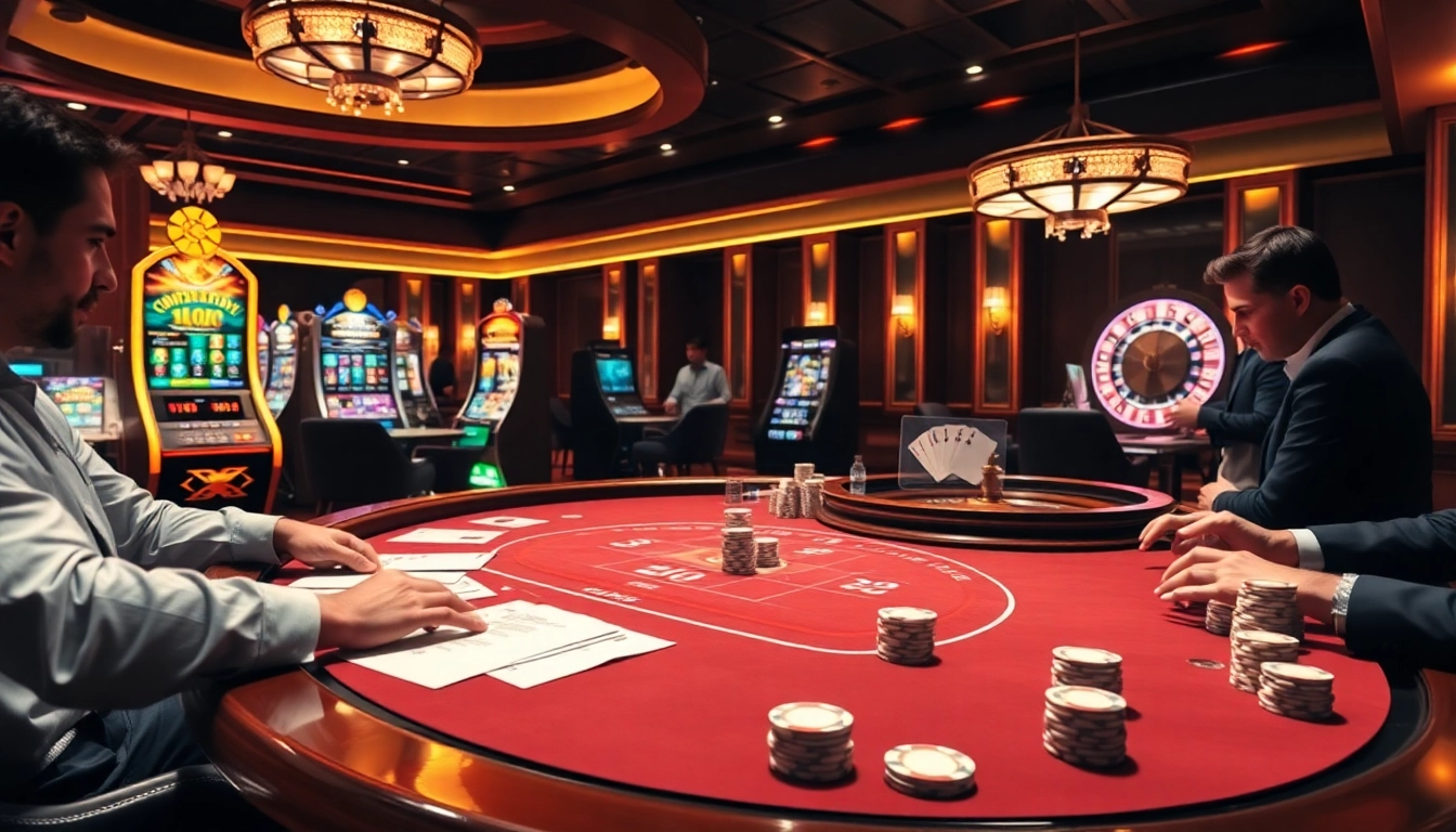 Participez à un gameplay palpitant dans un casino en ligne luxueux avec des tables de poker et des machines à sous vibrantes.