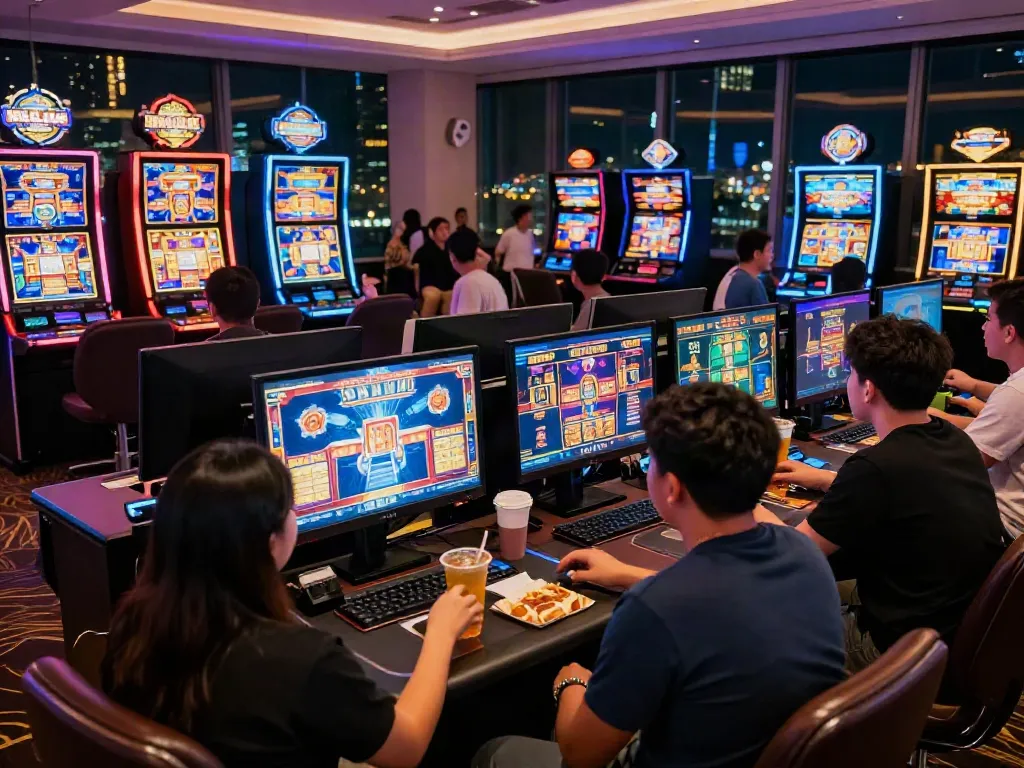 Engaged players at DJARUMBOS online gaming platform enjoying vibrant slot games and live dealers in a lively casino atmosphere.