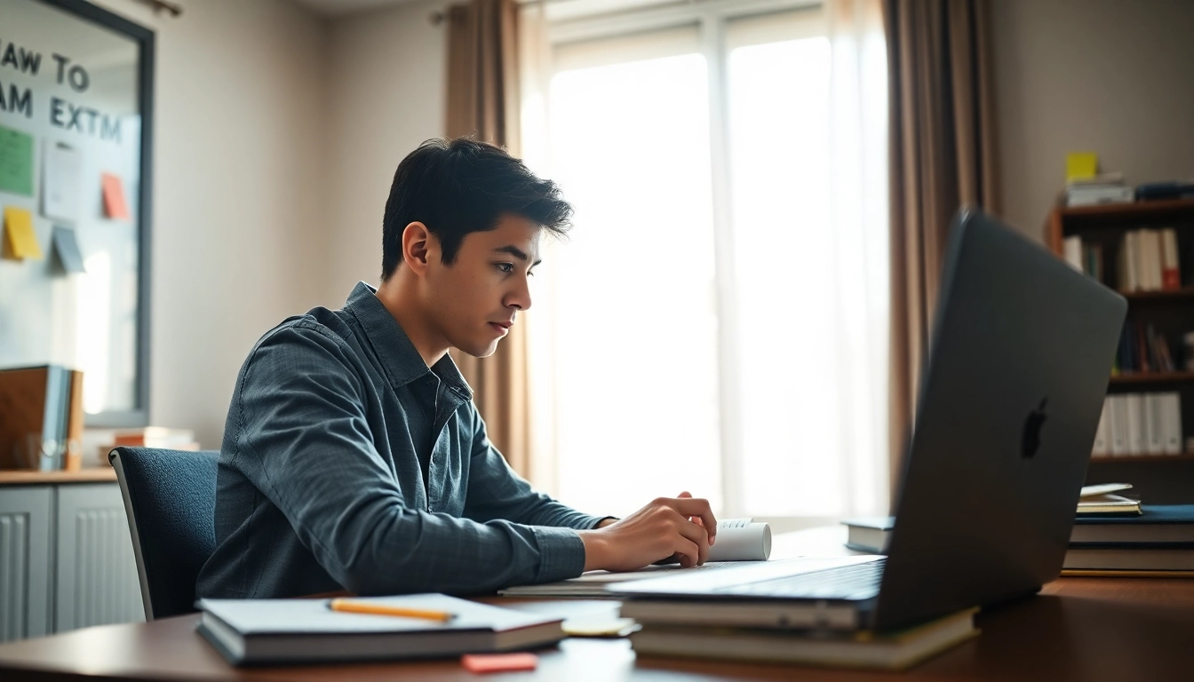 Enhance exam support with an organized student focused on study materials at a well-lit desk.