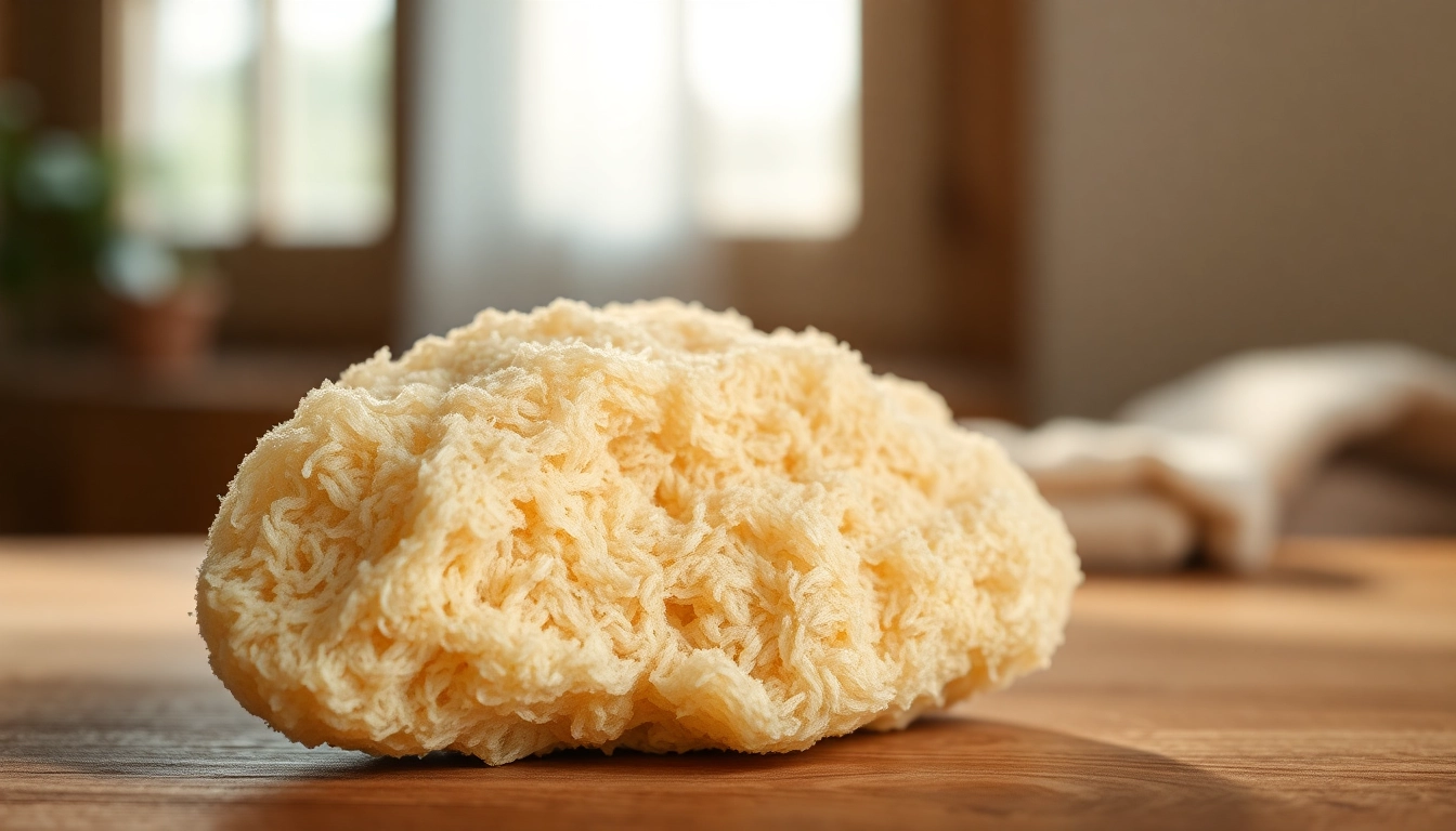 Discover the textured beauty of a raw loofah sponge on a wooden surface