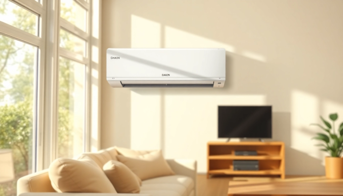 Installing a Daikin mini split AC unit in a stylish living room for optimal comfort.