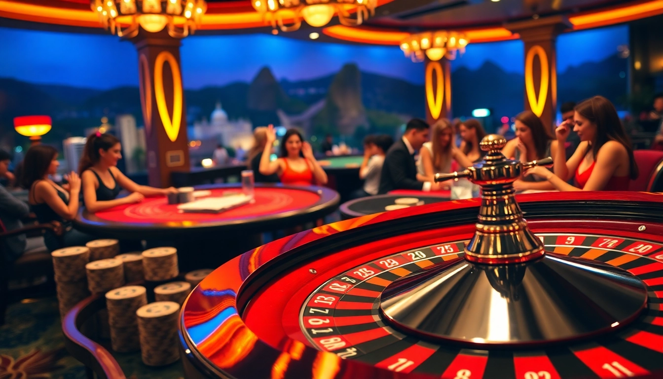 Players enjoying an exciting gambling experience at a Rio-themed casino table.