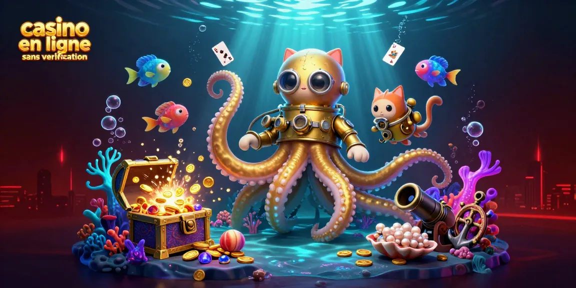 Jouez au casino en ligne sans vérification avec un kraken doré et des poissons lumineux dans une scène dynamique.